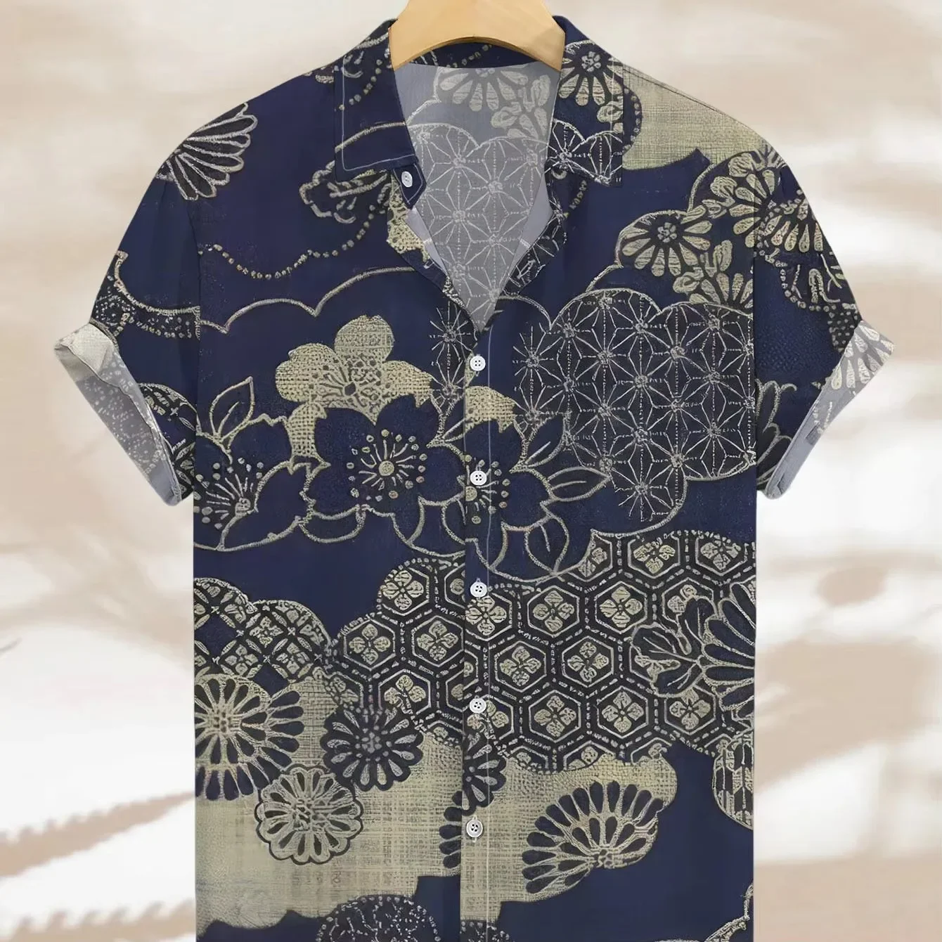 Men Navy Japanese Style Sakura Geometric Ethnic Satin Print Short Sleeve Casual Shirt