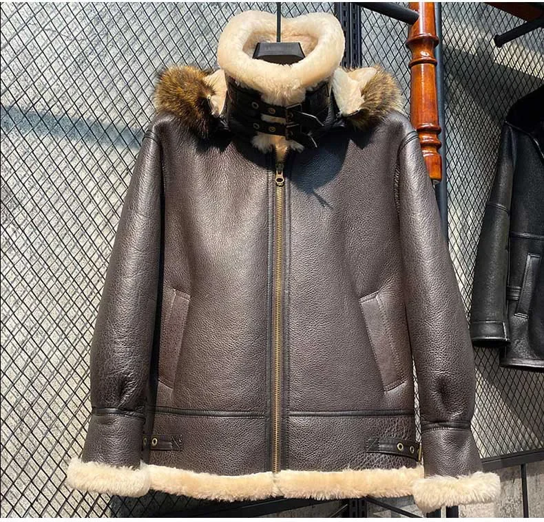 New 2024 Winter Fashion Man Genuine Leather Coat Wool Liner Pilot Motor Jacket Natural Shearing Overcoat with Raccoon Fur Hooded