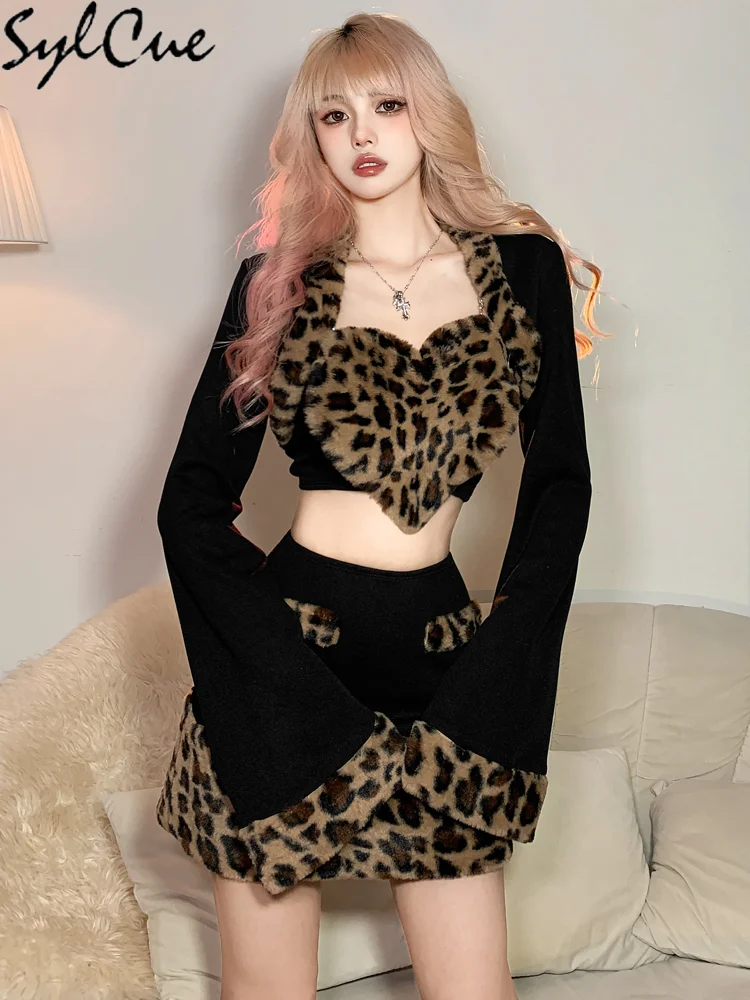 Sylcue Leopard Print Woolen Sexy Mature Charm Warm Party Evening Queen Autumn Travel Retro Trend Women'S Dress Two-Piece