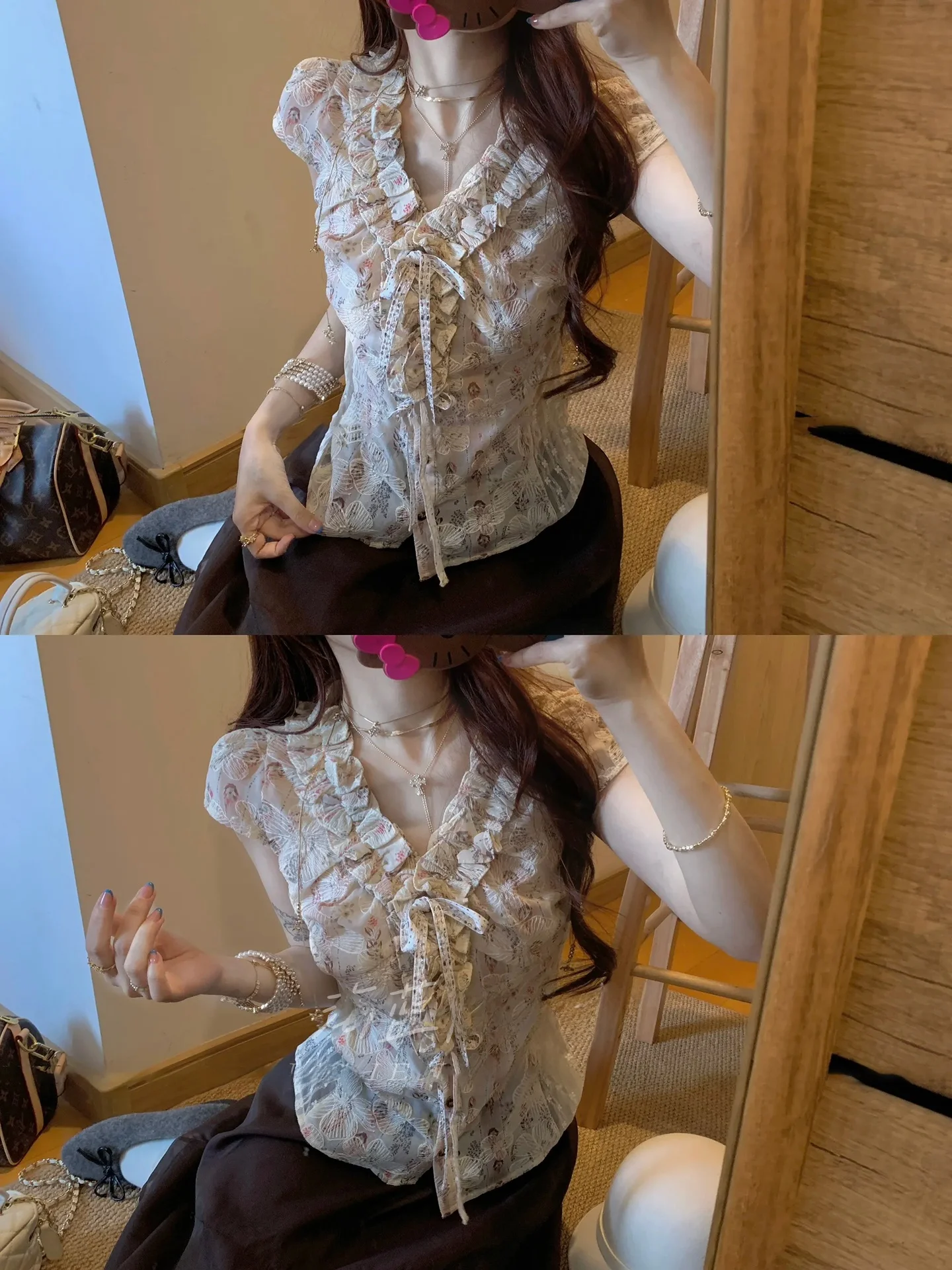 

Женская блузка в французском стиле с кружевом и коротким рукавом, приталенная, с текстурой под дерево, на пуговицах, с красивым поясом, дышащая, для праздников