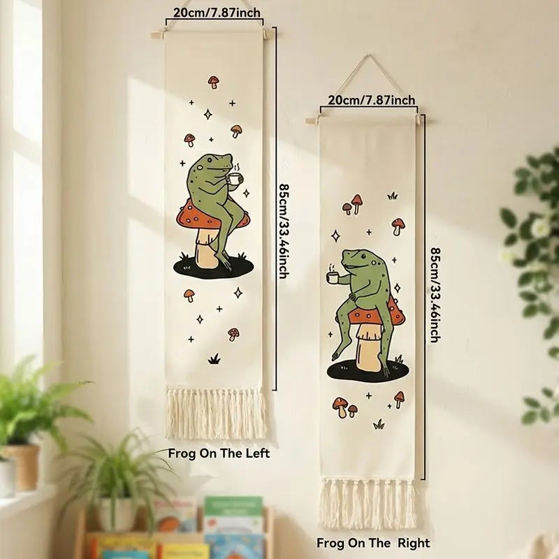 VIKAMA Frog Mushroom Fringe Wall Hanging Cottagecore Cute Art For Bedroom Living Room Whimsical Aesthetic Background Home Decor