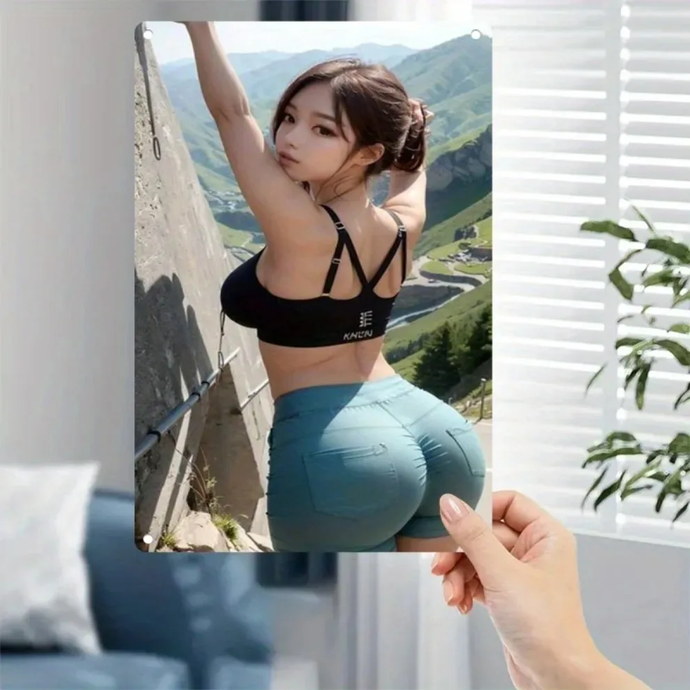 HD Metal Tin Sign Stunning Asian Beauty in Black Sports Bra & Teal Shorts Wall Art Retro Metal Plaque for Home Decor 8x12 Inch