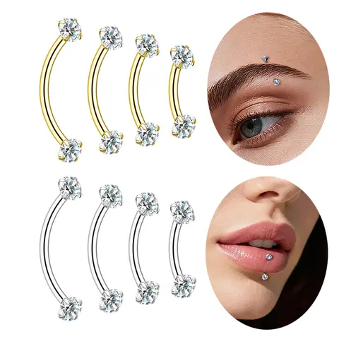 2pcs surgical Steel Eyebrow Curved Barbell 16G Internally Threaded Cubic Zirconia Lip Navel Belly Button Ring Piercing Jewelry