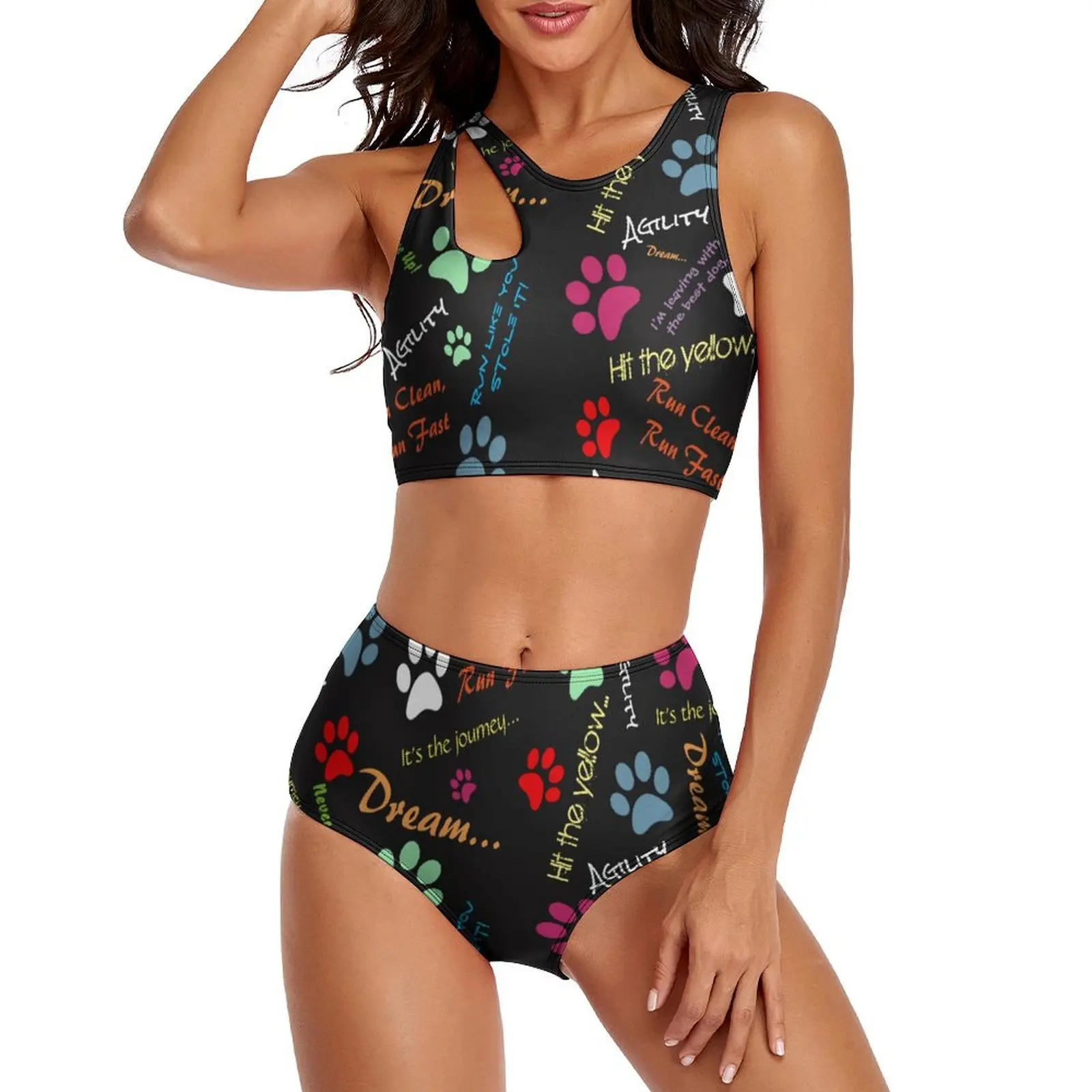 

Dog Run Fast Bikini Set Multi Colored Paw Prints Hollow Out Bikini Swimsuit Sexy High Waist Swimwear Bath Retro Bathing Suit