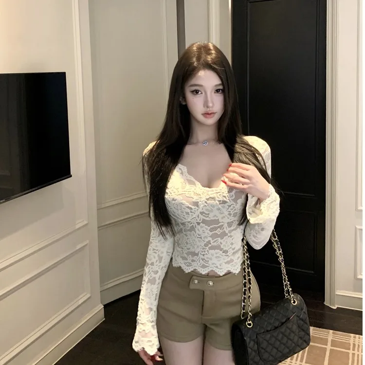 

V-Ne Lace Trim Long Sve Slim Fit Base irt Women's Faion ort Sle Floral Top Korean Sle Commute Wind