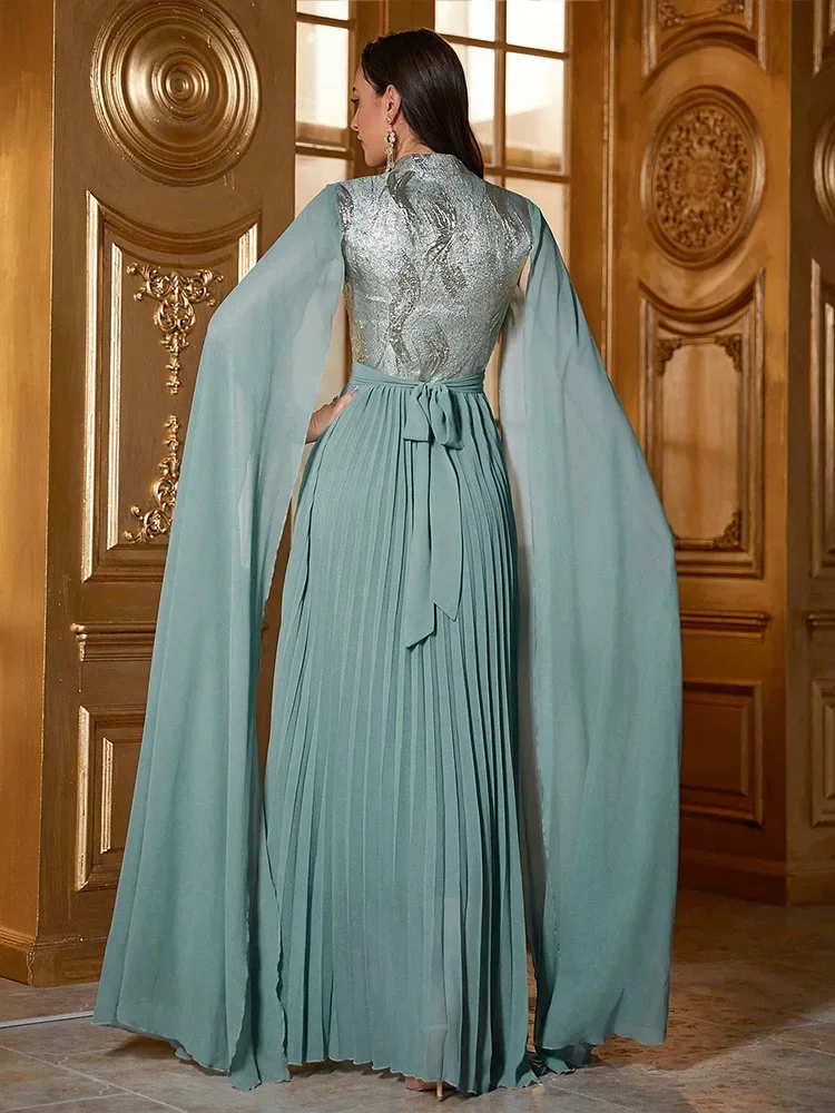 

Muslim Women Evening Dress Elegant Chiffon Party Long Cape Sleeve Belted Abaya Moroccan Caftan Dubai Kaftan Jalabiya Party Dress