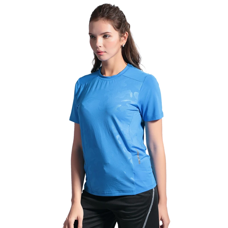 Joga bieganie Tee kobiety szybkie suche trening Fitness Top druk krótki rękaw pani O szyi odkryty T shirty