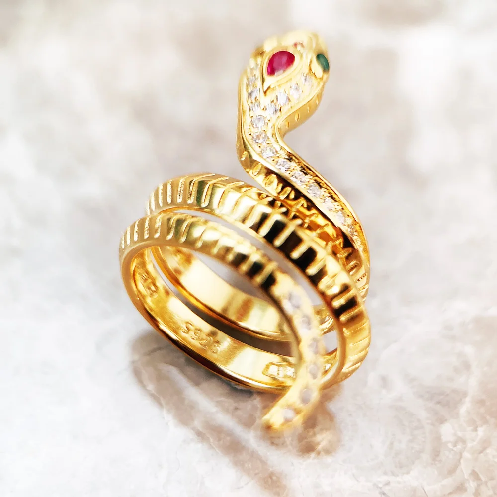 Golden Snake Ring Fine Jewerly For Women Summer Brand New Bohemia Gift In 925 Sterling Silver