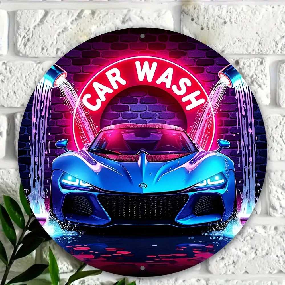 Neon Style Blue Sports Car Aluminum Wall Art 8 Inch Round Waterproof Durable Metal Decor For Home Garden Office Outdoor
