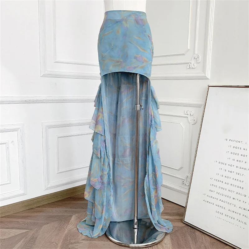 

Women's skirt New high waisted slim fit long dress for spring 2026 Stacked ruffle edge printed floor skirt women's half skirt