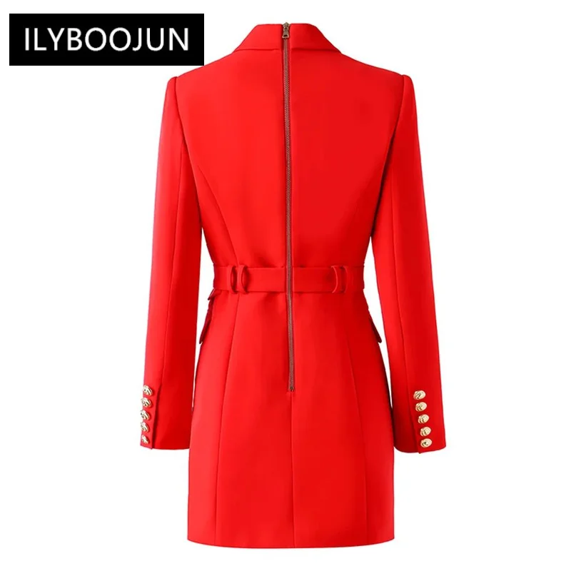 blazer jacket women 2024 new office Designer Women's Long Sleeve Notched Collar Lion Buttons Double Breasted Belted Blazer Dress