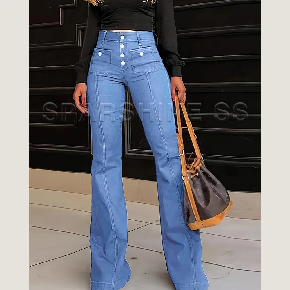 

High Waisted Flared Jeans for Women Vintage Button Fly Denim Bell Bottom Pants with Decorative Pockets & Contrast Stitching