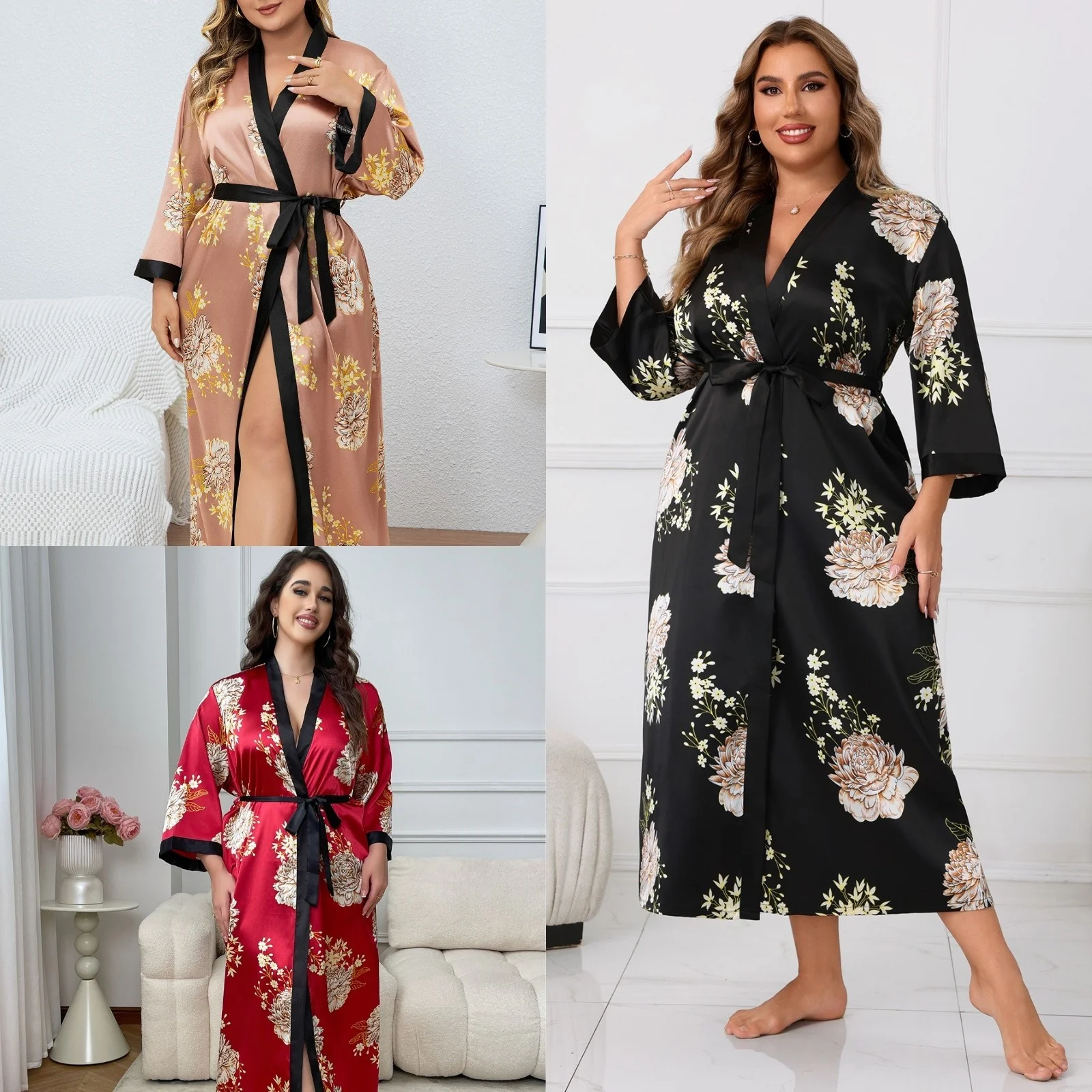 

Plus Size Floral Print Belted Robe Sexy Satin Elegant Loungewear four Seasons Breathable and Comfy Sleepwear for Women
