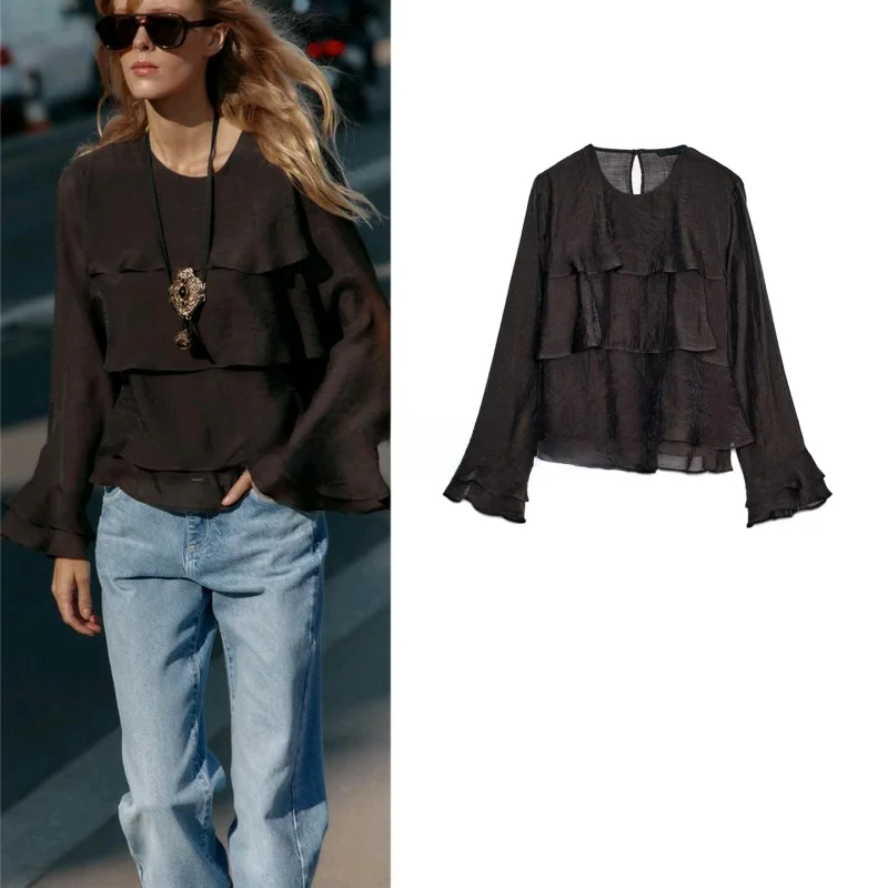 

Autumn Winter New Women's Simple round Ne Long Sve Layered Decorative irt Top Polyester Fiber Breathable Loose Fit