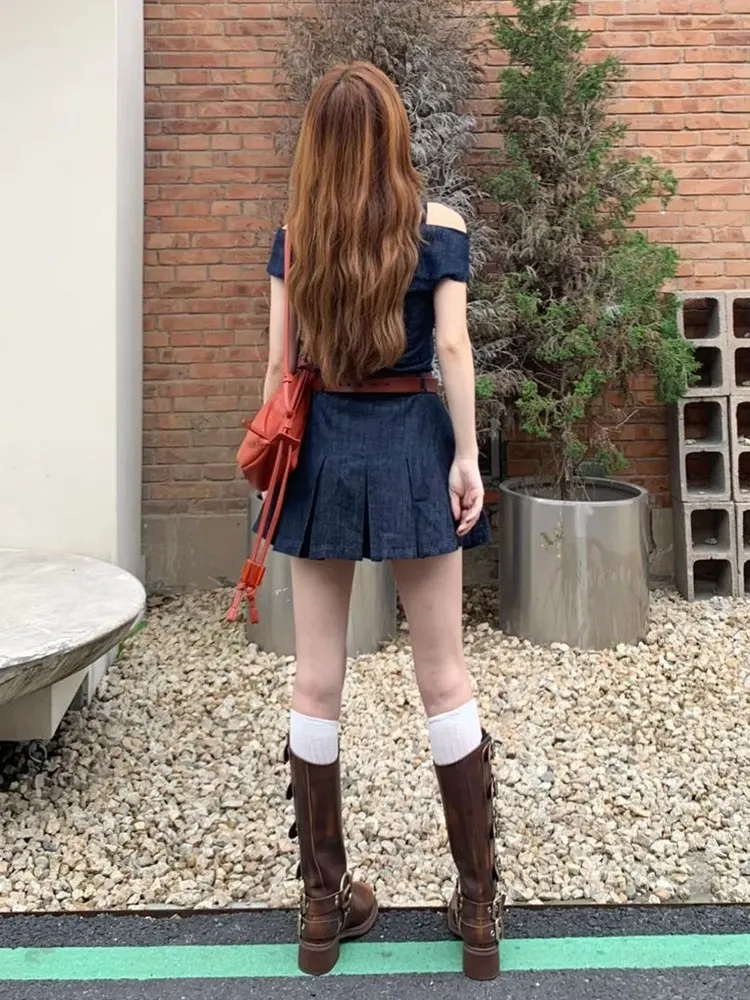 

Retro Denim One oulder Removable Strap Women's ort Skirt Set School Sle Faionable Casual Outfit for Young Ladies