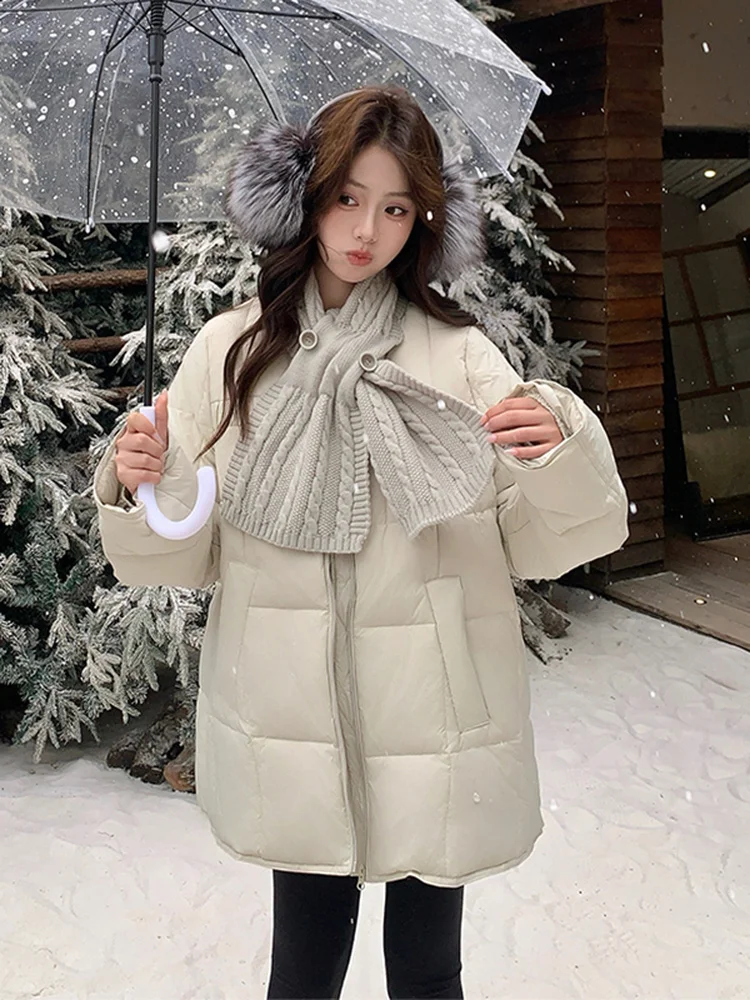 

Теплый съемный вязаный шарф, женская куртка средней длины с наполнителем из пуха, белое пальто из искусственного пуха, утепленное зимнее модное и изящное