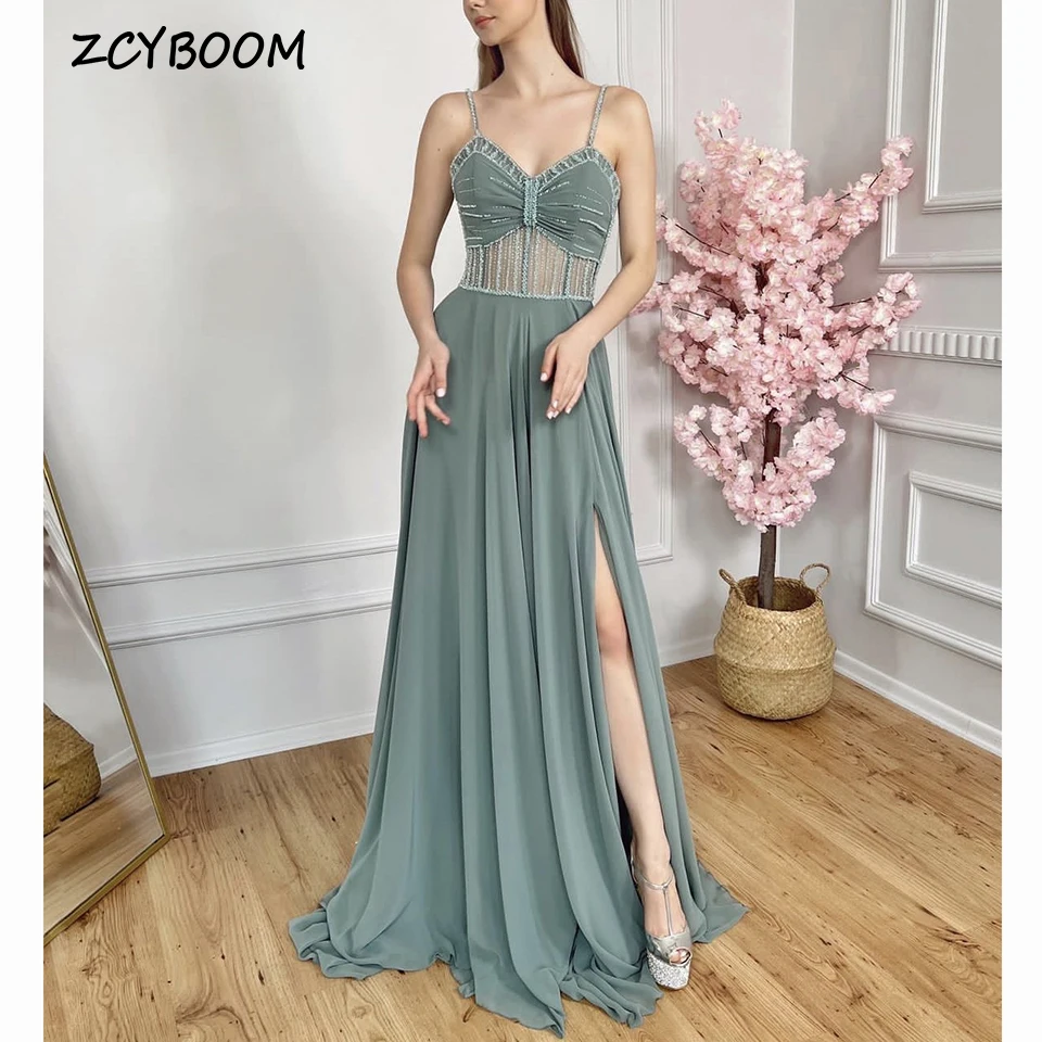 

Sexy Spaghetti Strap Open Back Beaded Evening Dress 2023 A-Line Floor Length Sweep Train Side Slit Chiffon Zipper Prom Dress