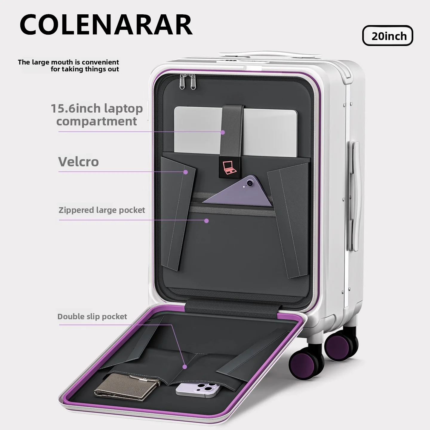 COLENARA Laptop Suitcase Front Opening Boarding Case USB Charging Trolley Case 20