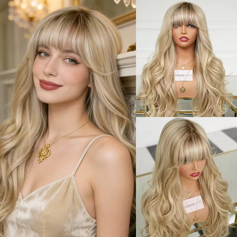 Ombre Golden Blonde Wavewith Bangs Lace Front Wigs