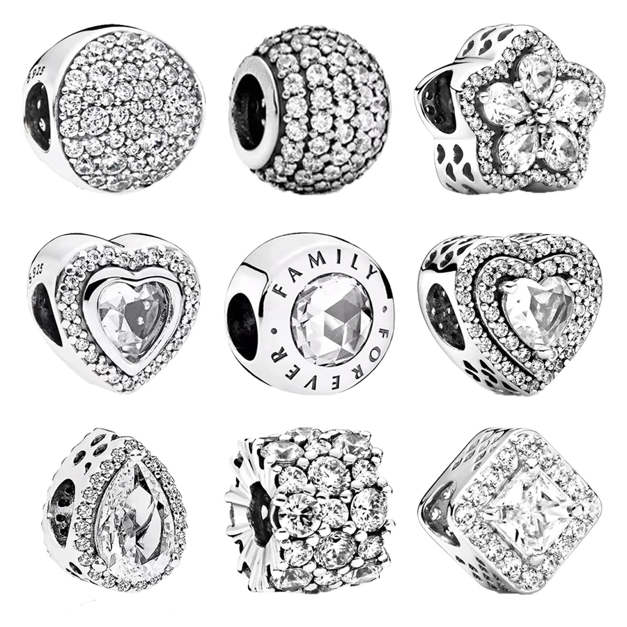 NEW Sparkling Snowflake Leveled Hearts & Square Pavé Charms Beads Fit Original 925 Sterling Silver Bracelet Jewelry Gift