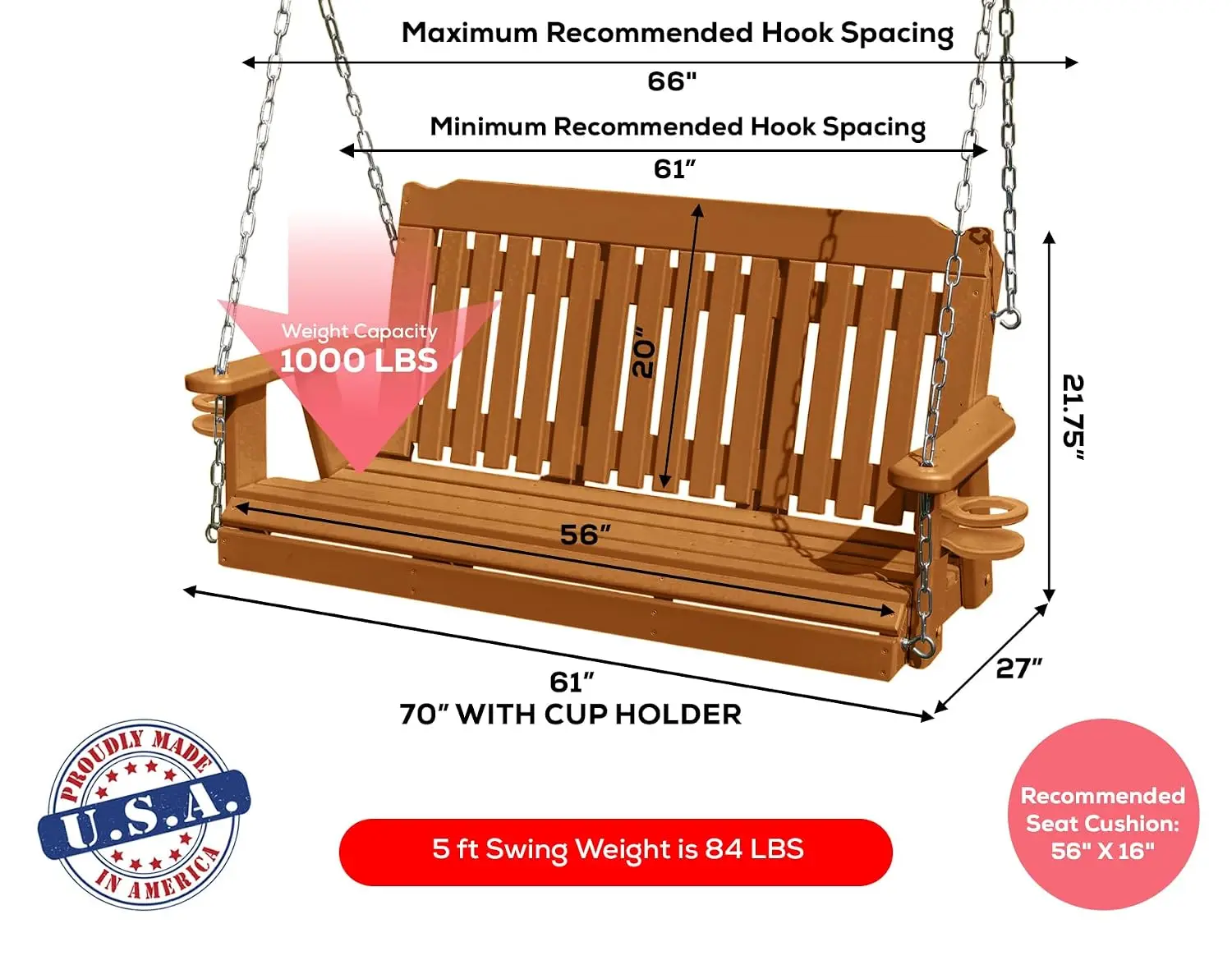 3-Person 5FT HDPE Outdoor Swing with Cupholders 800 lbs Capacity, Customized