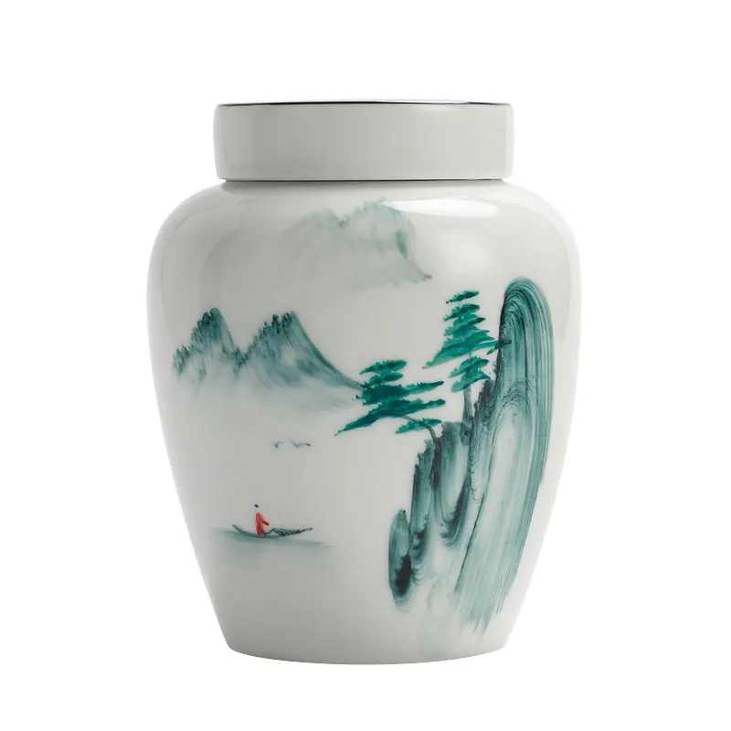 Cyan Ceramic Sealed Jar Tea Box with Lid Landscape Flower Coffee Storage Home Porcelain Decorative Kitchen Container