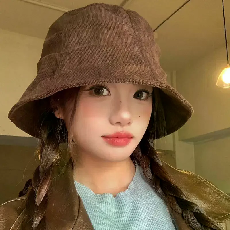 1Pcs Korean Style Foldable Travel Outdoor Hat Corduroy Pleated Bucket Hat For Women Solid Color Soft Casual Sun Hat
