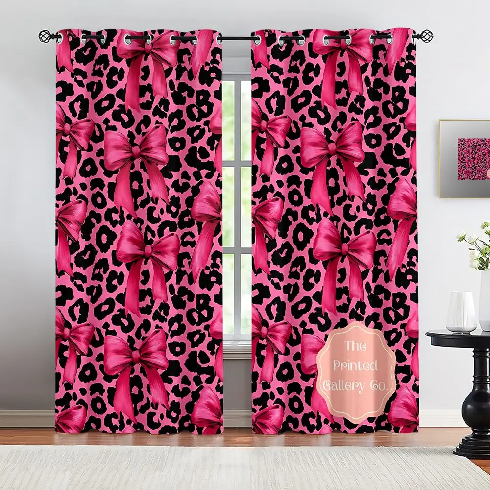 2 Panels Pink Leopard Satin Bow Printed Curtains Digital Print Light Blocking Blackout Curtains For Bedroom Living Room Window H
