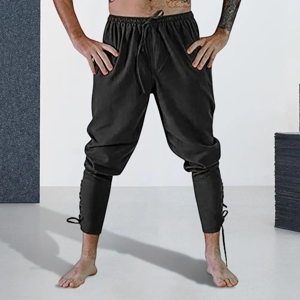 Men Pants Medieval Pirate Ankle-banded Lace-up Strap Costume Pleated Loose Cropped Trousers Cosplay Performance Costume 남성 롱 팬츠