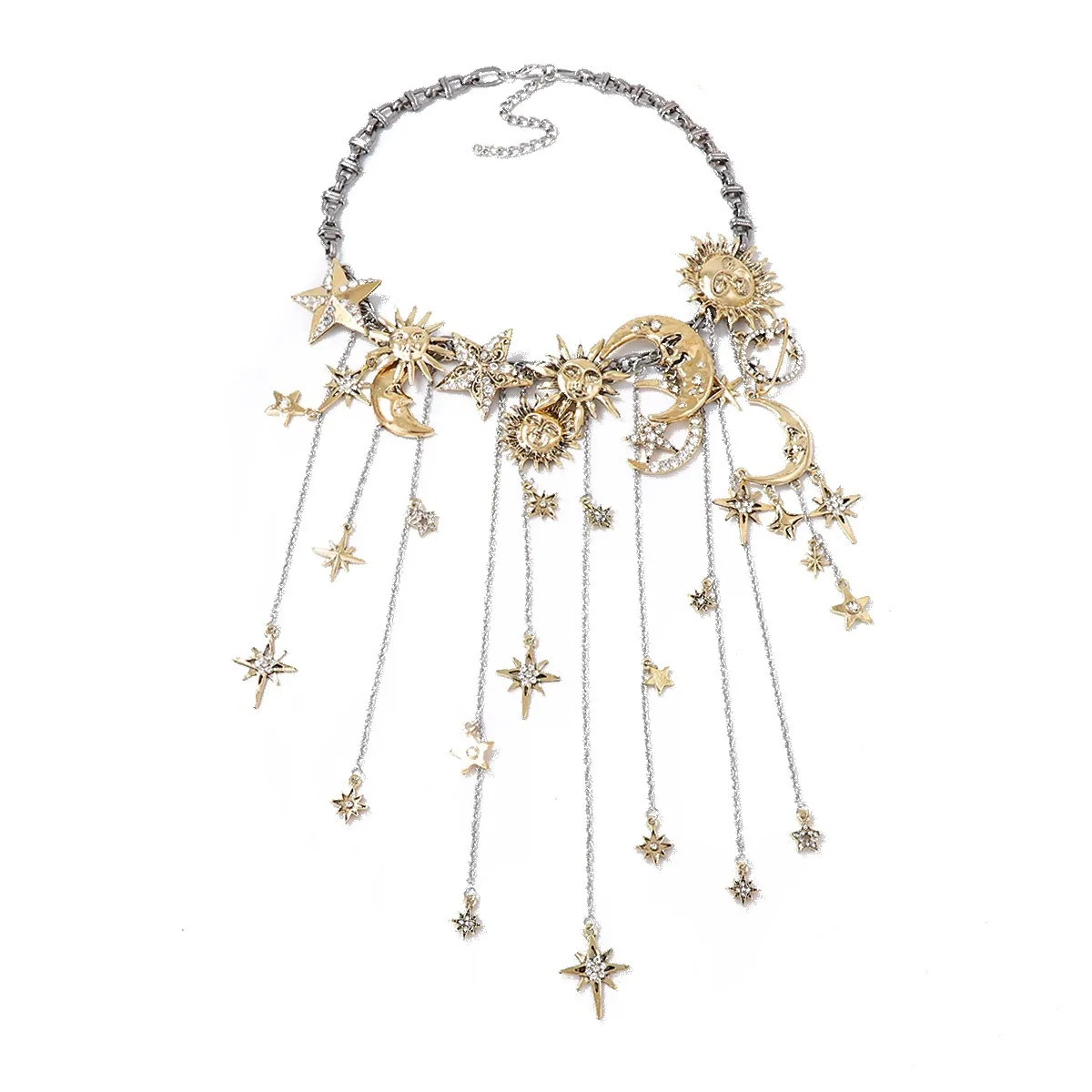 Retro Übertriebene Legierung Sternen- und Mond-Quasten-Wasserfall-Halsketten für Damen – Y2K Hip-Hop Punk Schlüsselbeinkette Party-Schmuck Geschenke – Detail 6