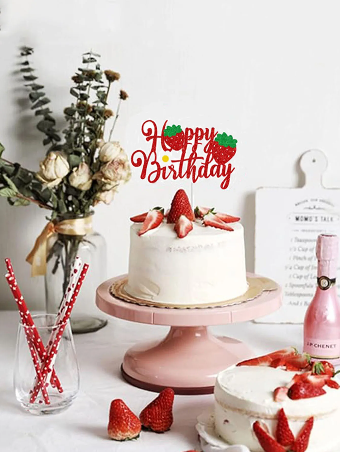 1 PC Strawberry Happy Birthday Cake Topper Dekoracyjny znak, czerwony brokat Dekoracja imprezowa Rekwizyty, przyjęcie urodzinowe Tort Supplies. — zdjęcie 6