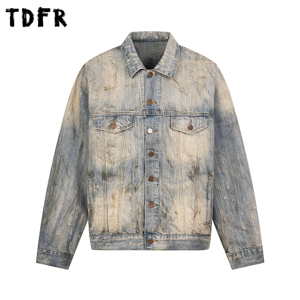 Rhinestone Ripped Denim Jacket Mens Washed Distressed Retro Streetwear Single Breasted Lapel Long Sleeve Jeans Jacket Men