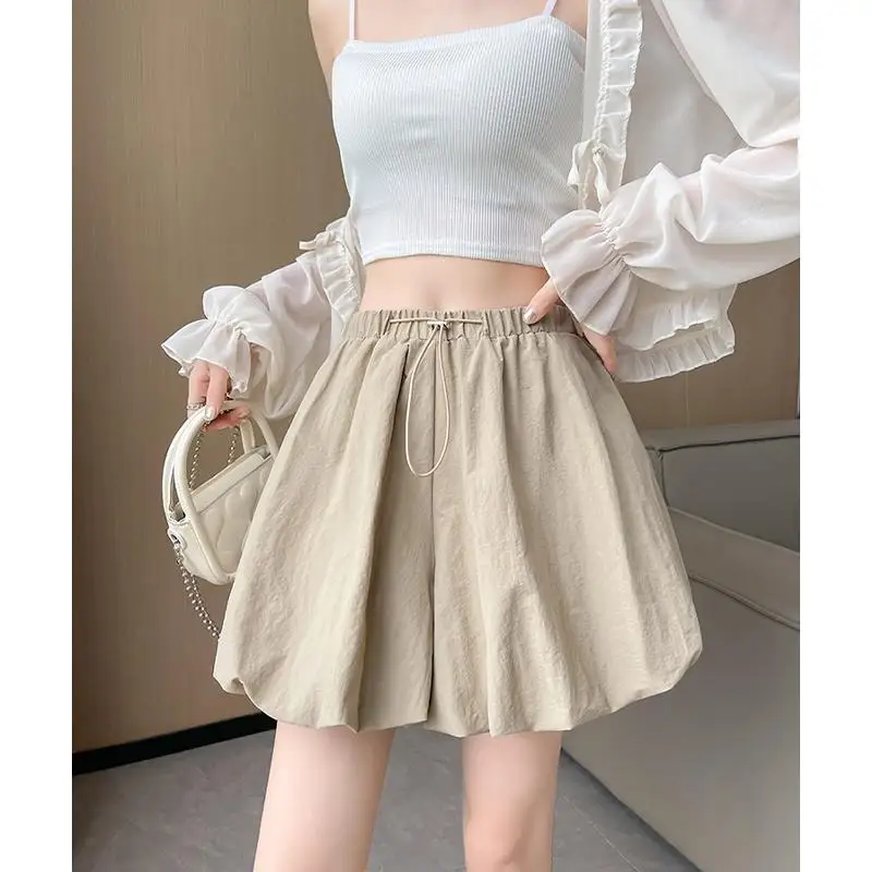 Thin Style Summer Women New Flower Bud Lantern Pants High Waisted Solid Color Elastic Waist Drawstring Loose Wide Legs Shorts