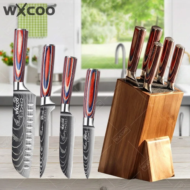 WXCOO Stainless Steel Kitchen Knife Set Japanese Knife with Gift Box Professional Wooden Handle for Cutting Fruit Meat Slicing