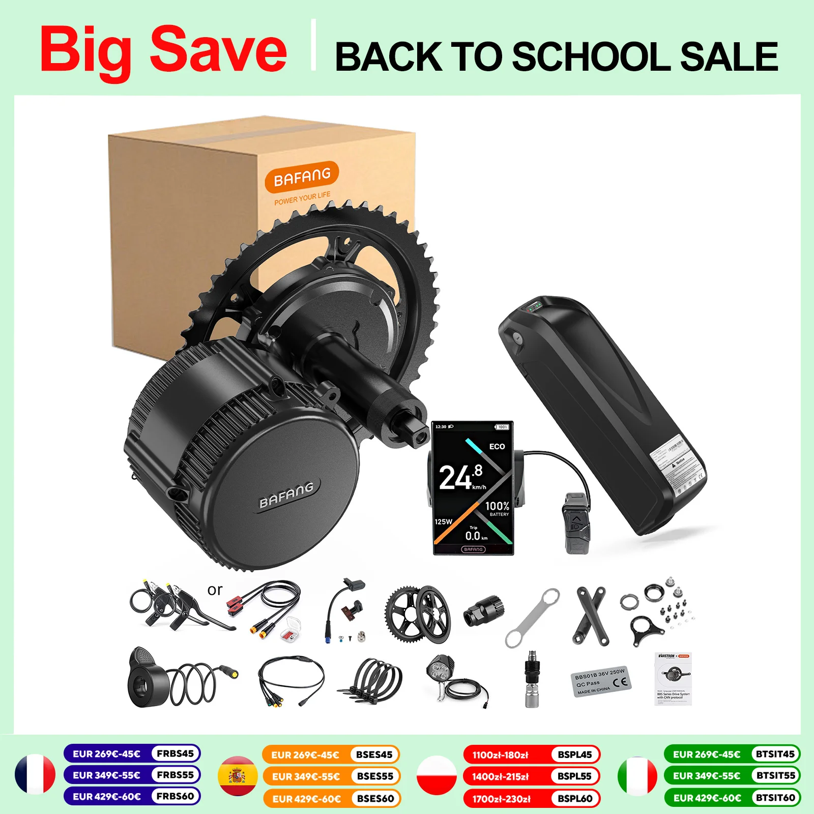 Bafang 250W 350W 500W Motor Kit 36V Mid Drive Electric Bike Conversion Kits BBS01B BBS02B EBike Engine 13Ah 24Ah Bicycle Battery