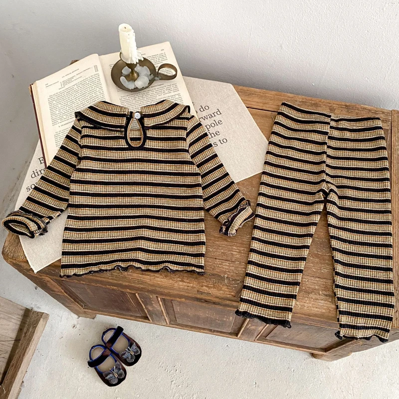 Autumn new style baby clothes 0-3 years old baby clothes baby girl suit Striped lotus leaf collar long-sleeved top pants