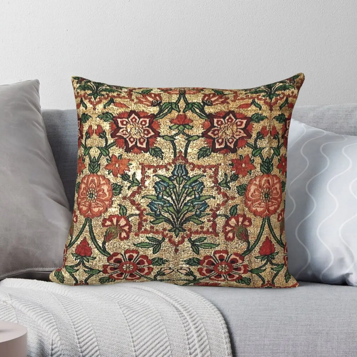 Ancient Turkish Tapestry Green Square Pillowcase Polyester Linen Velvet Pattern Zip Decor Room Cushion Cover