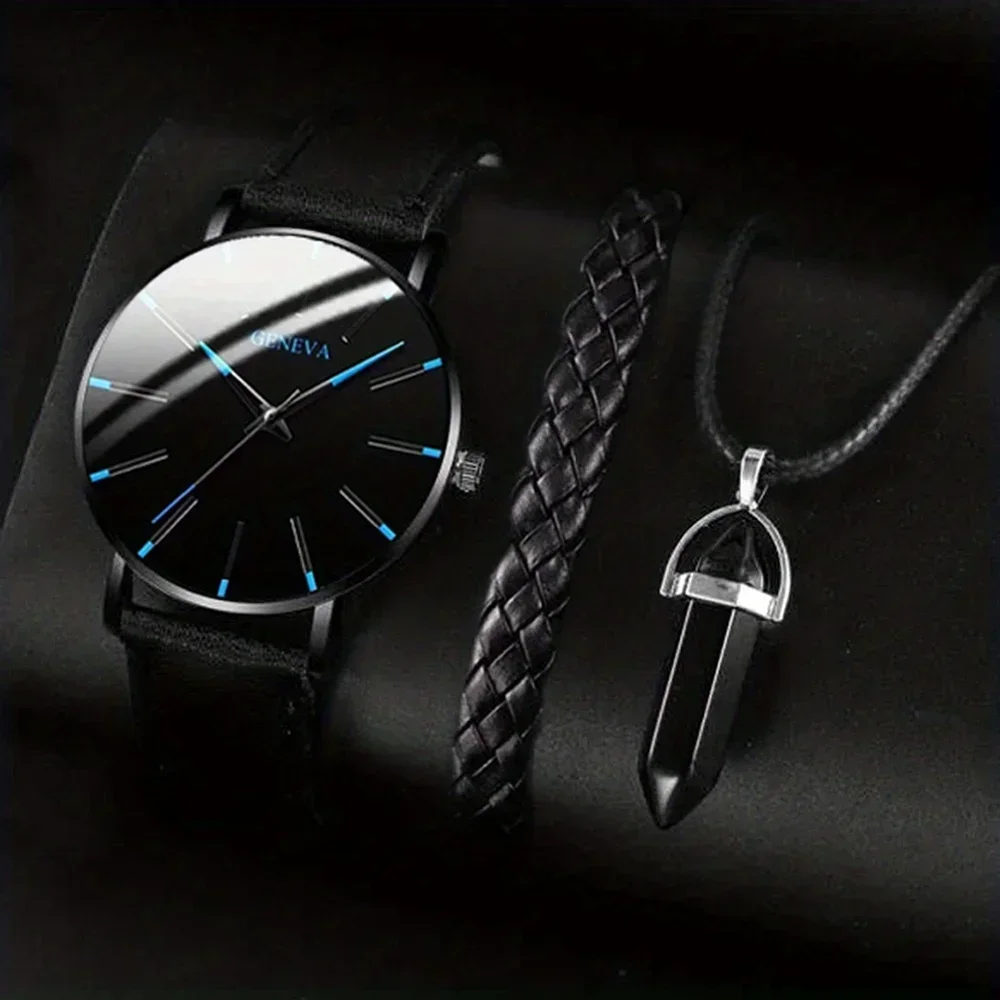 3pcs/set 1 Round Men\'s Quartz Watch And 1 Bracelet 1 Necklace