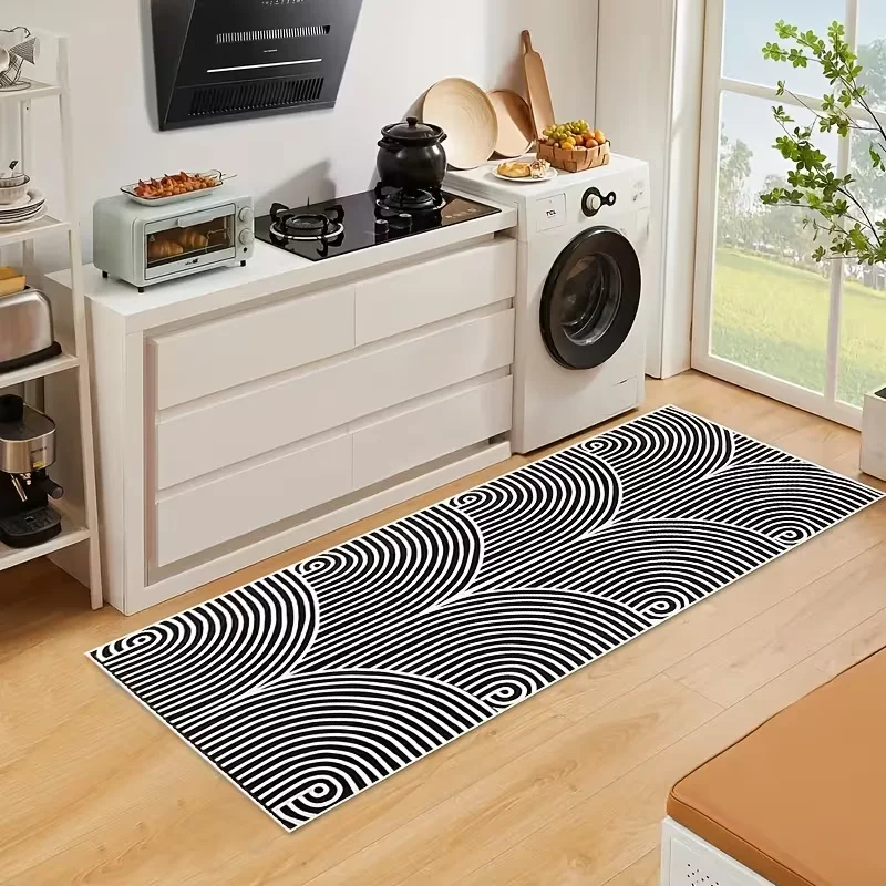 Geometric Swirl Wave Runner Rug Modern Striped Long Floor Mat Non Slip Carpet Kitchen Hallway Corridor Home Floor Decor