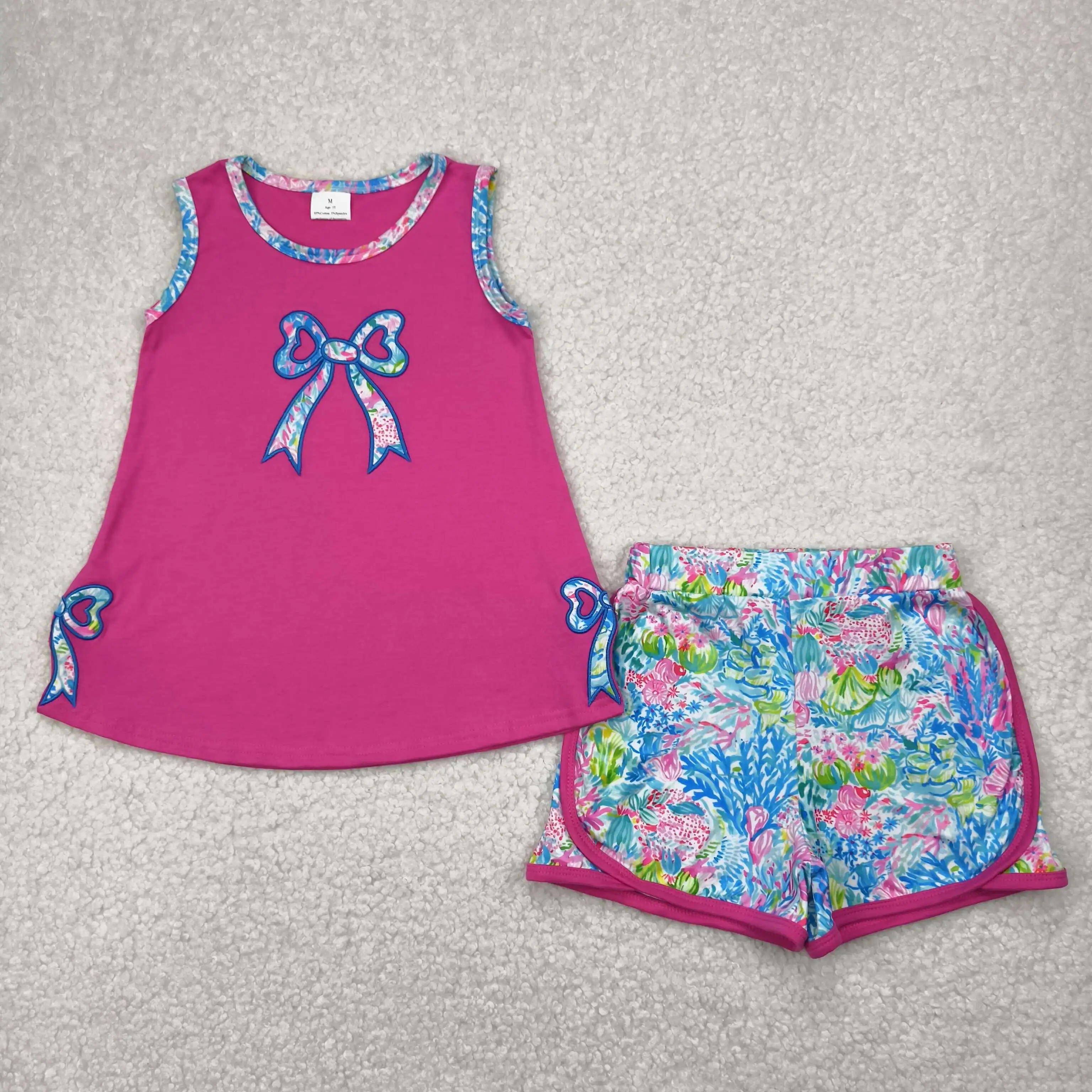 4.14y NEW stock baby girls summer clothing wholesale boutique embroidery seaweed bow rose red sleeveless shorts suit