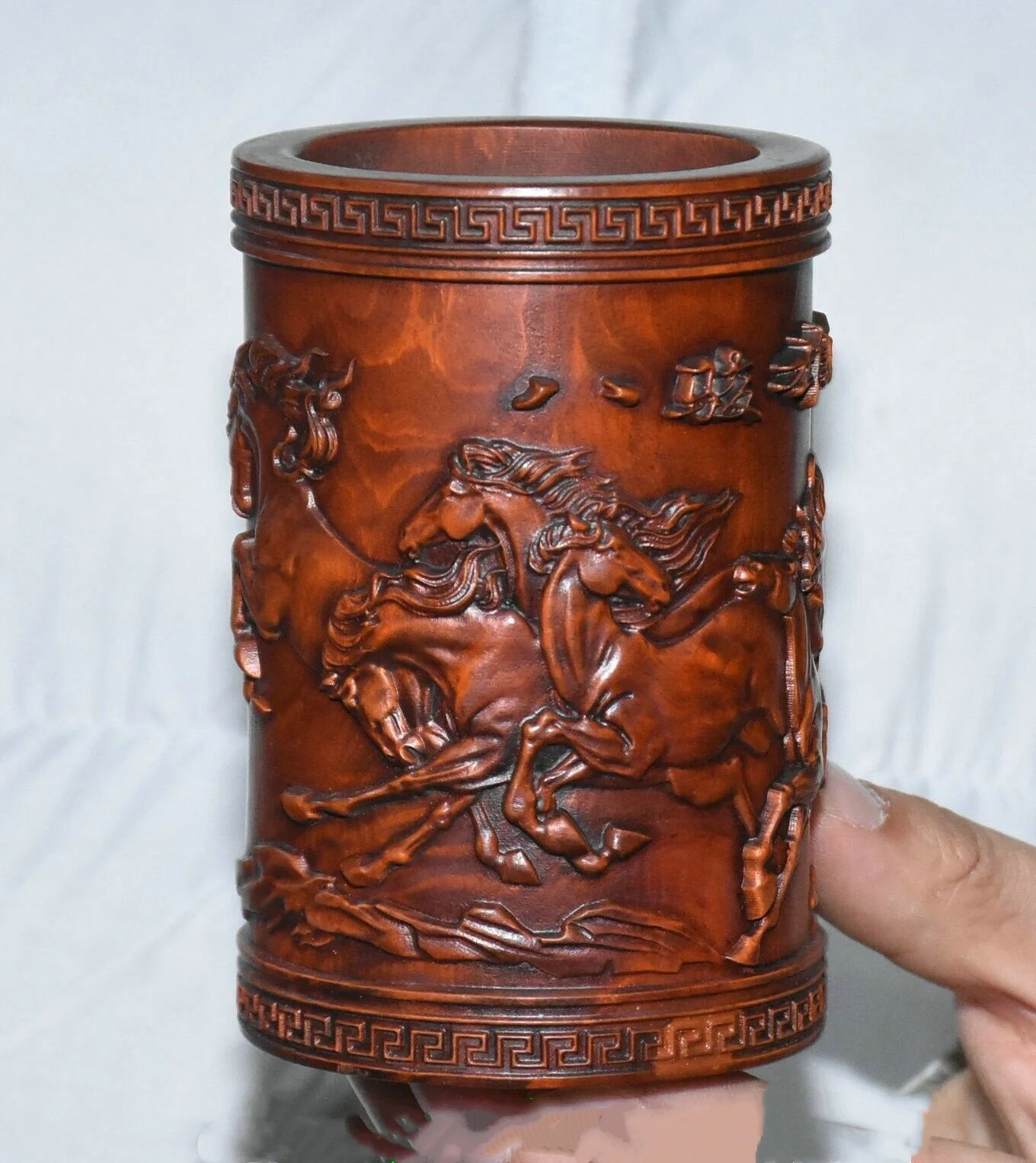 4.3''Old Chinese Boxwood Carving Horse Pot Pencil Holder Statue Sculpture