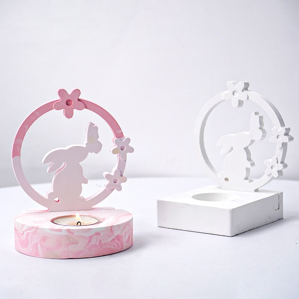 Rabbit Kiss Butterfly Candle Holder Mold DIY Circle Bunny Resin Candstick Molds Plaster Concrete Handmade Home Crafts Decor