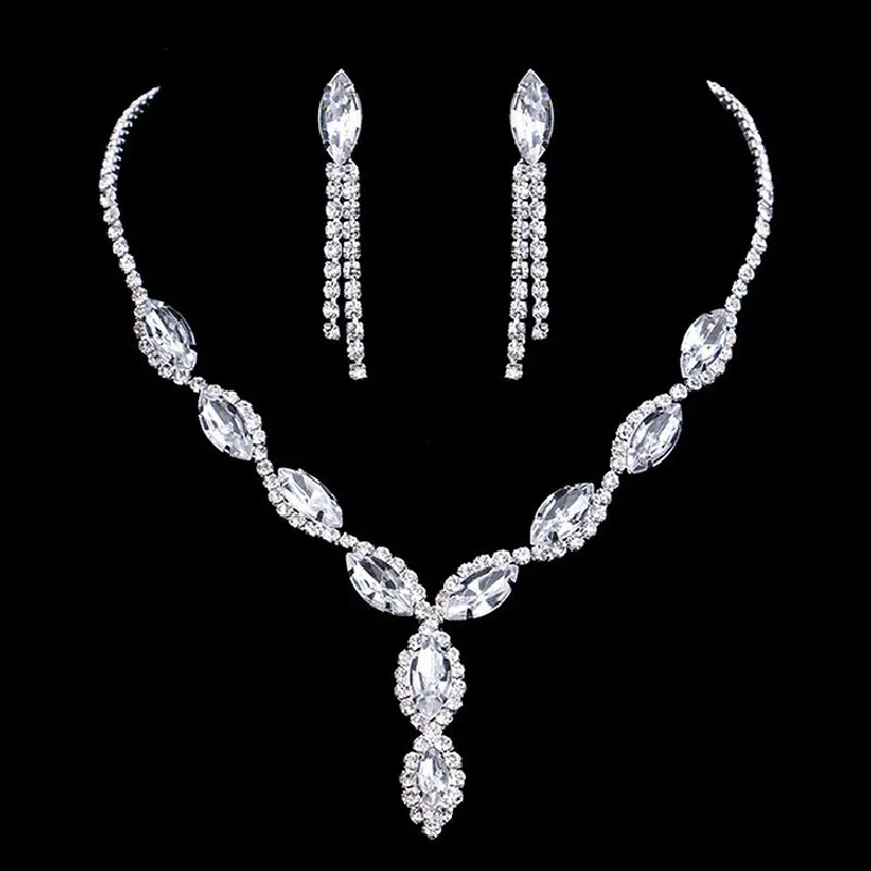 Ladies\' Horse Eye Color Diamond Exaggerated Necklace Earrings Jewelry Set Dinner Wedding Party Dress Matching