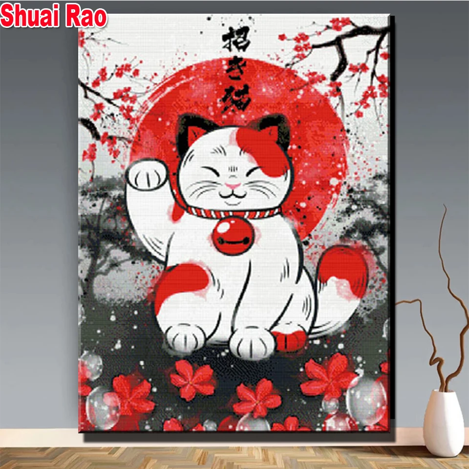 Red Lucky Cat Diamond Painting Completed Mosaic Full Diamond Embroidery Sale Rhinestone Pictures Cross Stitch Set Home Decoratio