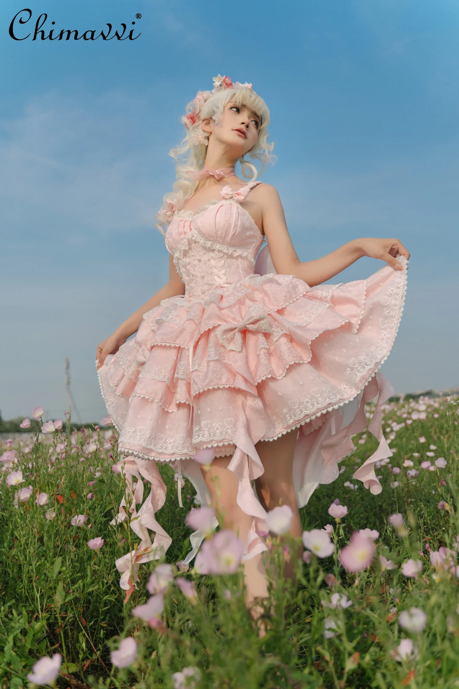 Original süßes Mädchen-Lolita-JSK-Kleid mit großer Schleife, einfarbig, schmale Passform, Damen-Geburtstagsfeier, Spitze, kurze Blumen-Hochzeitskleider