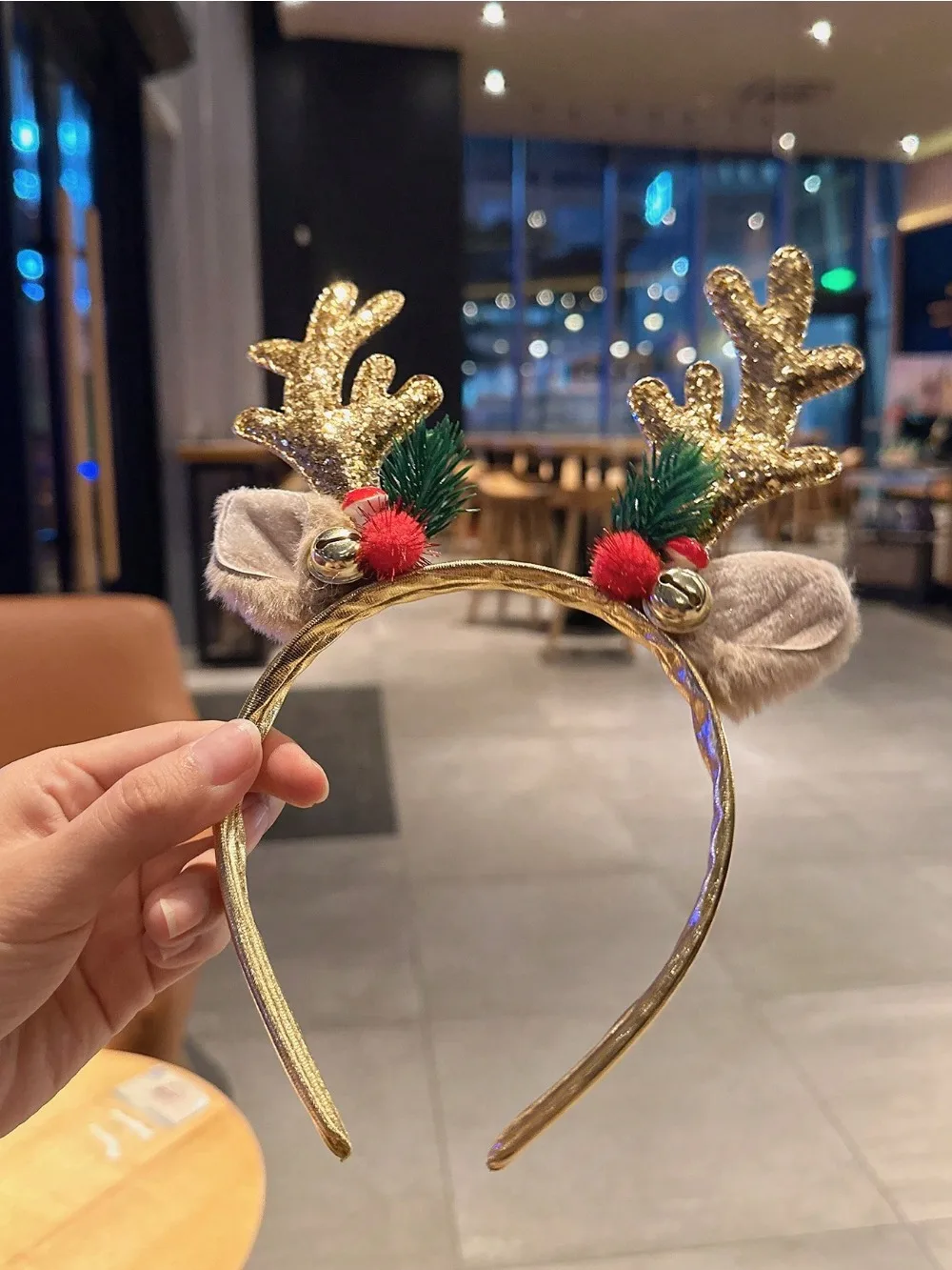 1pc Gold Sequin Mushroom Christmas Headband Big Deer Horn Bell Sequin Festive Headwear For Women Forest Style Hair Accessories
