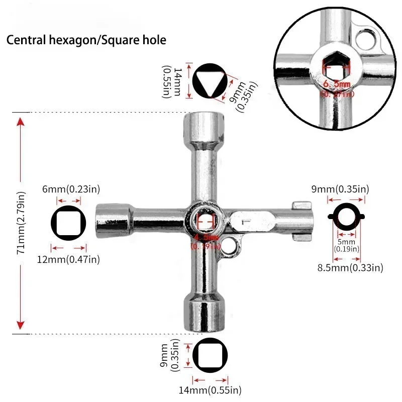 4 Way Universal Cross Triangle Wrench Key Electrical Square and Round Holes Triangular Key for Elevator Water Meter Valves