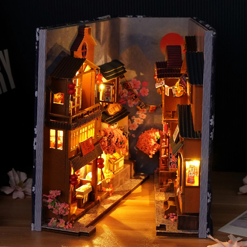 اليابانية الرجعية DIY بها بنفسك كتاب خشبي زاوية الرف إدراج مصغرة بناء أطقم ساكورا زقاق المنزل Bookend ديكور الكبار اليدوية الهدايا