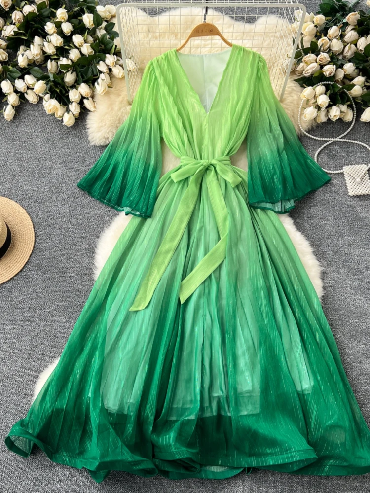 Women Elegant Party Dress Spring Summer Loose V-neck Flared Sleeves Straps Gradually Long Dresses Vintage Long Robe