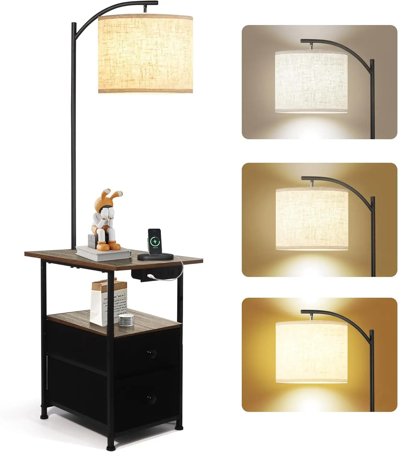 

Floor Lamp with Table & 2 Drawers, End Table with 3 Color Temperature Reading Light, Side Table Lamp with USB & Type C & AC Cha